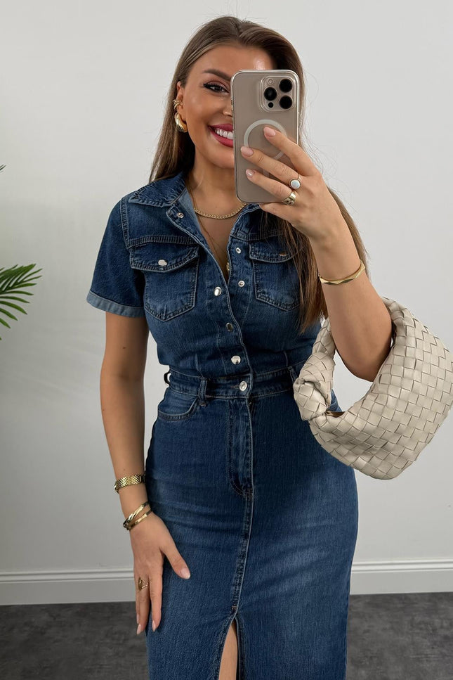 Premium Seri Kısa Kol Midi Boy Jean Elbise