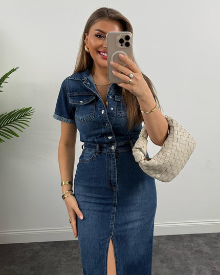 Premium Seri Kısa Kol Midi Boy Jean Elbise