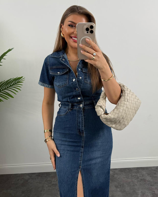 Premium Seri Kısa Kol Midi Boy Jean Elbise