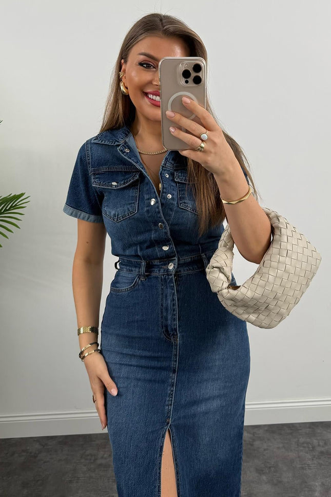 Premium Seri Kısa Kol Midi Boy Jean Elbise