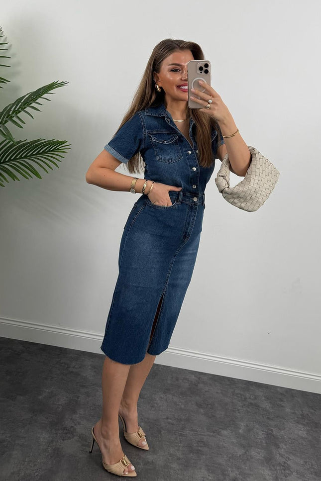 Premium Seri Kısa Kol Midi Boy Jean Elbise