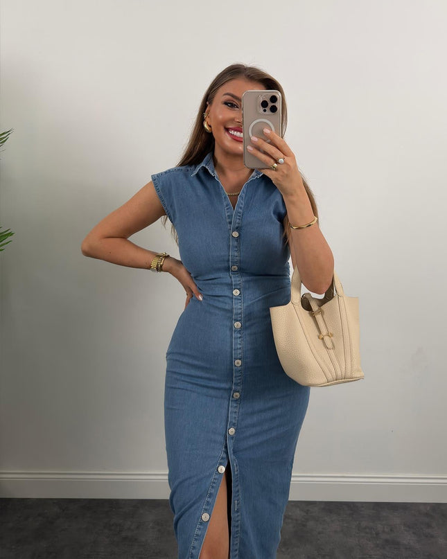 Premium Seri Likralı Drapeli Midi Boy Jean Elbise Açık Mavi