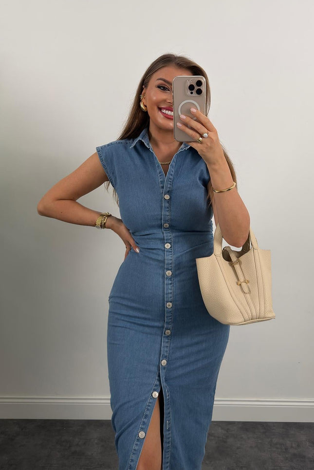 Premium Seri Likralı Drapeli Midi Boy Jean Elbise Açık Mavi