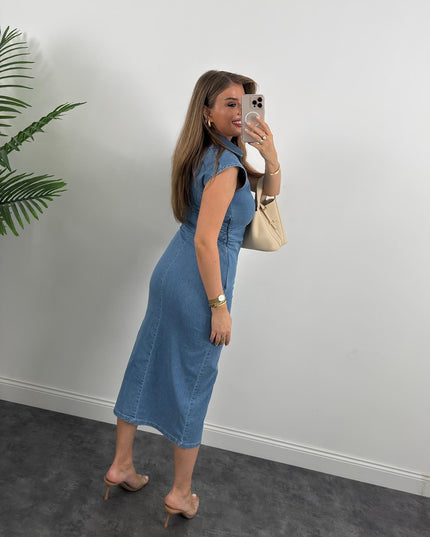 Premium Seri Likralı Drapeli Midi Boy Jean Elbise Açık Mavi