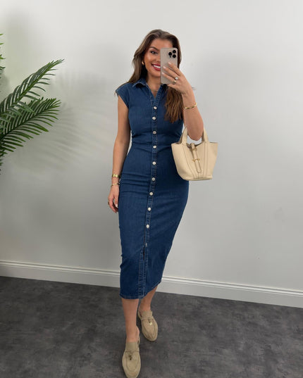 Premium Seri Likralı Drapeli Midi Boy Jean Elbise