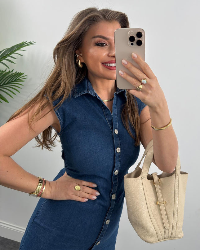 Premium Seri Likralı Drapeli Midi Boy Jean Elbise