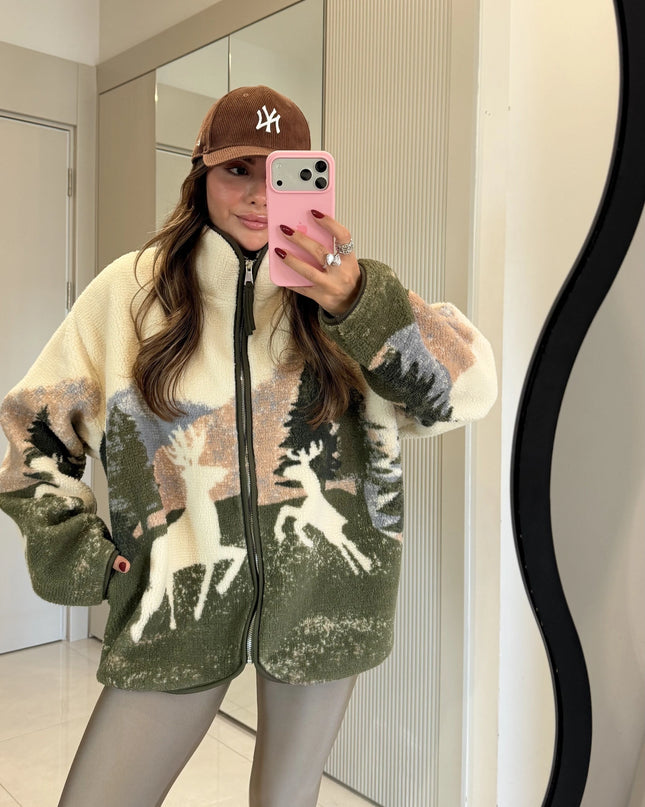 Presy Khaki Deer Teddy Zip-Up Sweatshirt