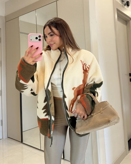 Presy Tile Deer Teddy Zip-Up Sweatshirt