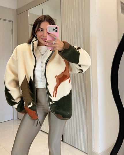 Presy Tile Deer Teddy Zip-Up Sweatshirt