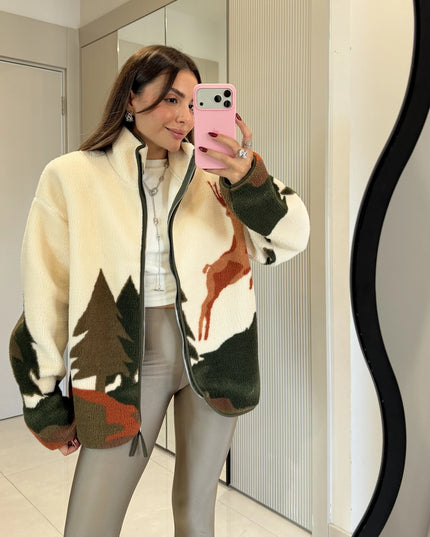 Presy Tile Deer Teddy Zip-Up Sweatshirt