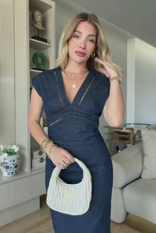 Banu Lace Detail Denim Midi Dress