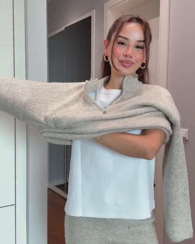 Lora Knit Collar Two Piece Set - Beige