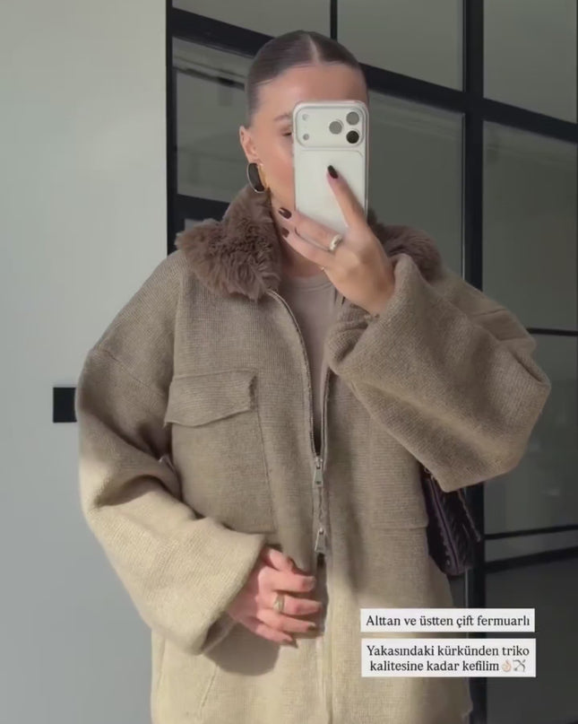Luxe Knit Zip Jacket with Fur Collar - Taupe