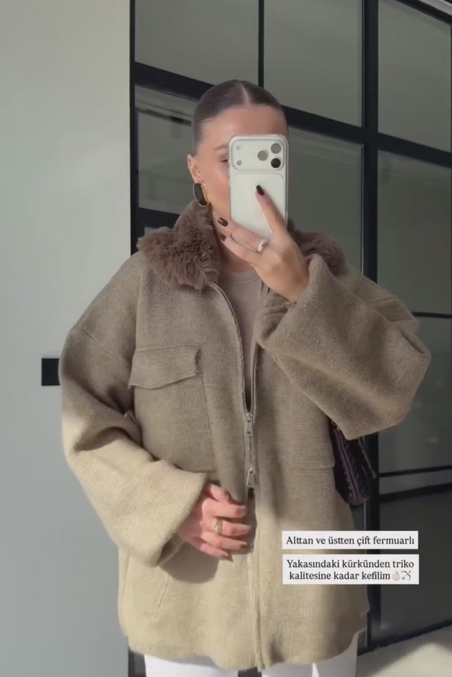 Luxe Knit Zip Jacket with Fur Collar - Taupe
