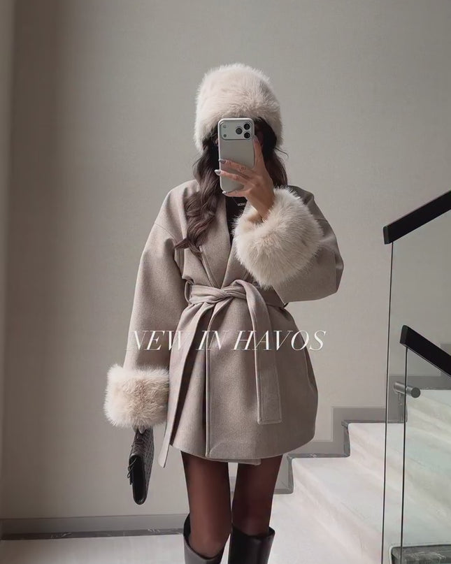 Mink Fur-Sleeved Belted Cashmere Coat
