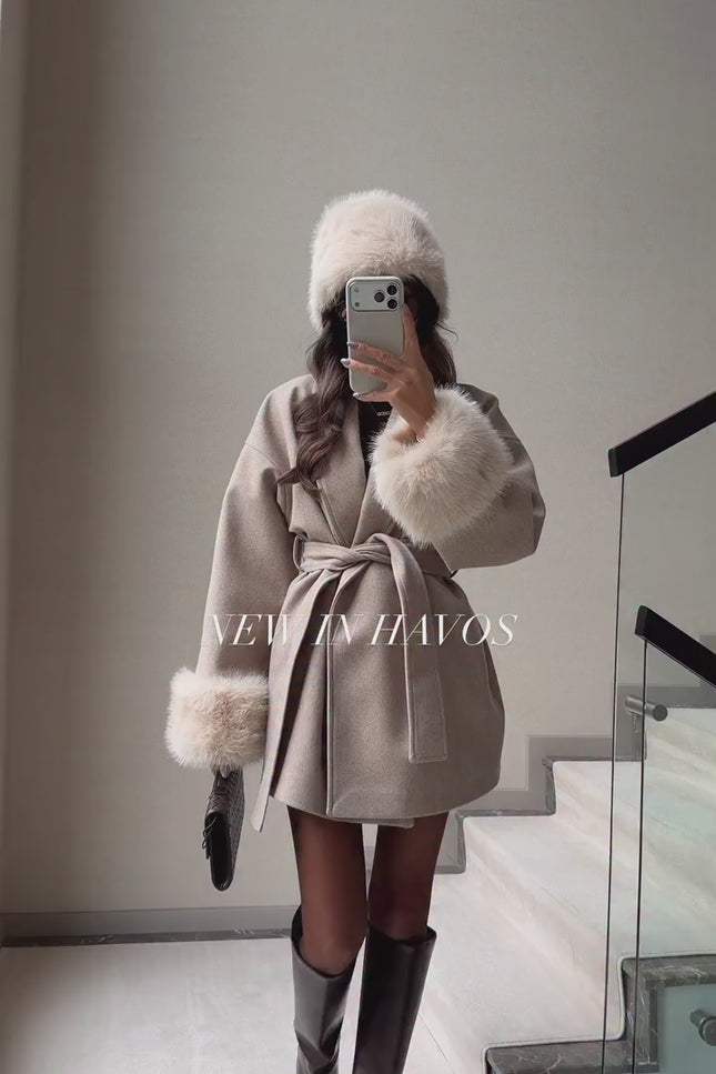 Mink Fur-Sleeved Belted Cashmere Coat