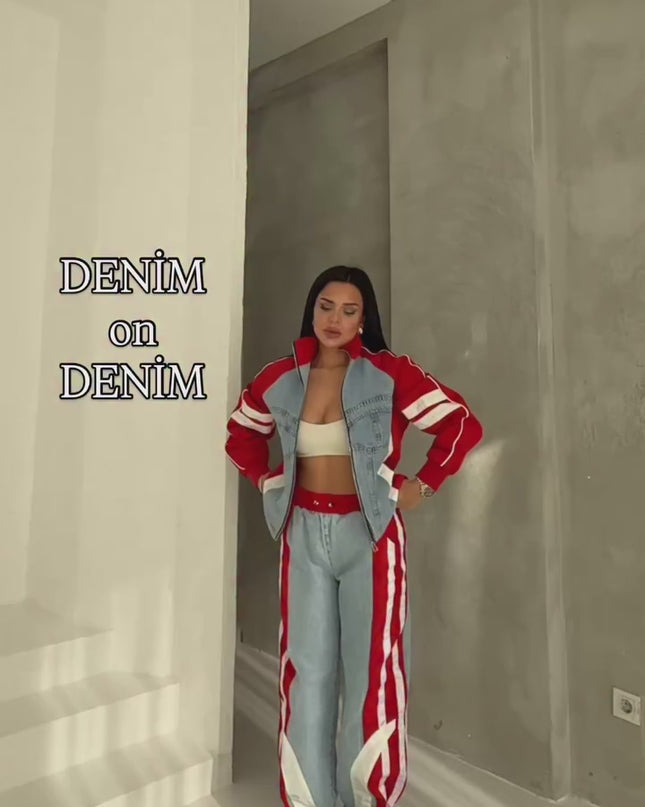 Russet Parachute Detailed Denim Tracksuit Red