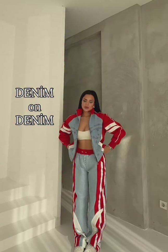 Russet Parachute Detailed Denim Tracksuit Red