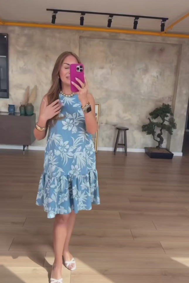 Denim Tencel Blue Patterned Sleeveless Dress