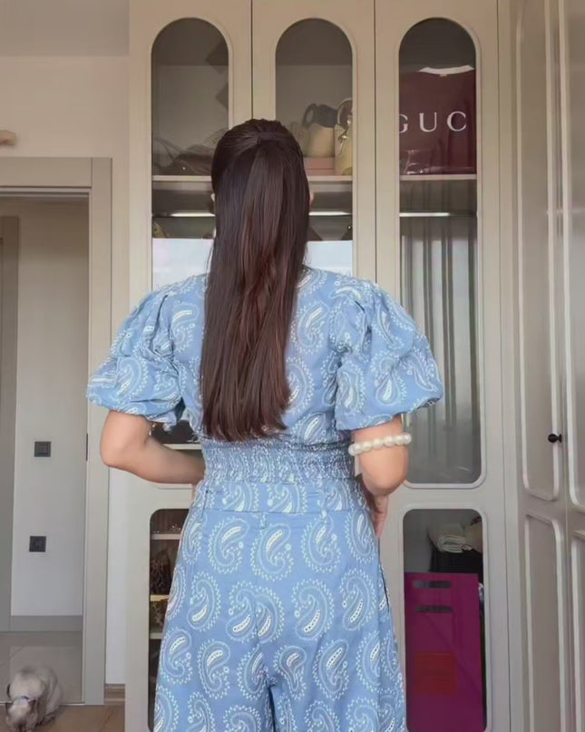 Paisley Sleeve Blouse with Pant Set