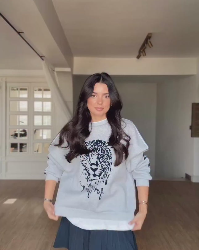 Olisa Grey Tiger Print Sweatshirt with White Trim Detail