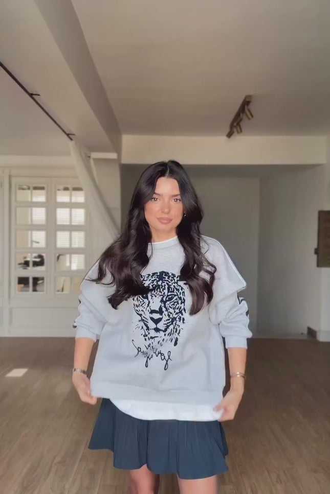 Olisa Grey Tiger Print Sweatshirt with White Trim Detail