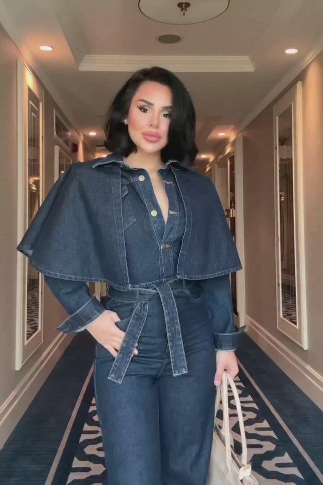 Tatyana Denim Jumpsuit with Cape