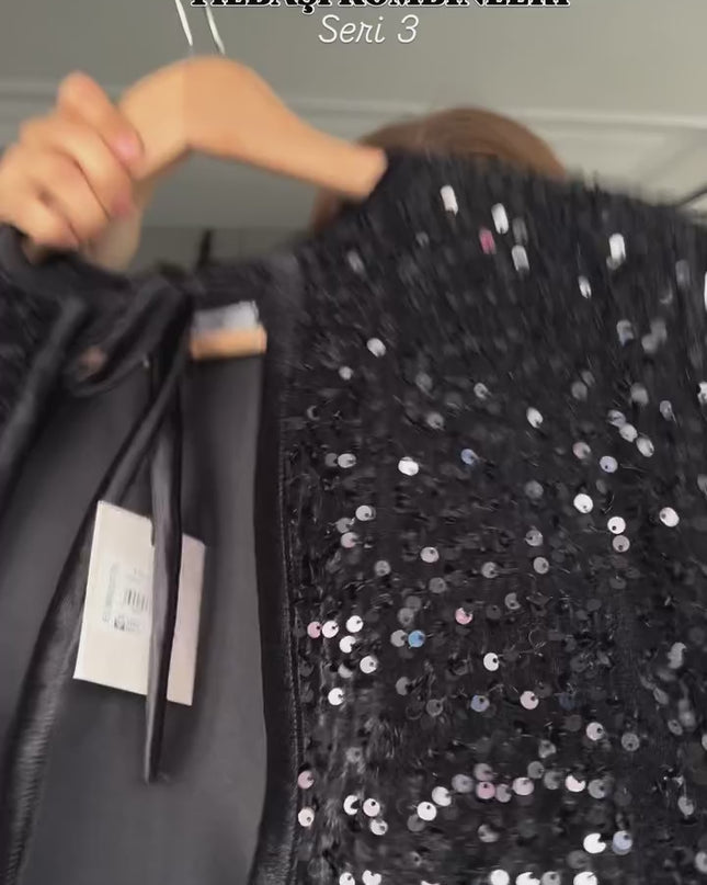 Charlie Sequin Detailed Padded Tie Jacket with short -Black