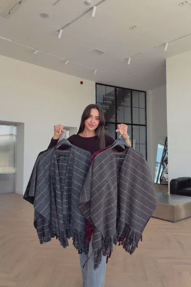 Burgundy Plaid Tasseled Poncho