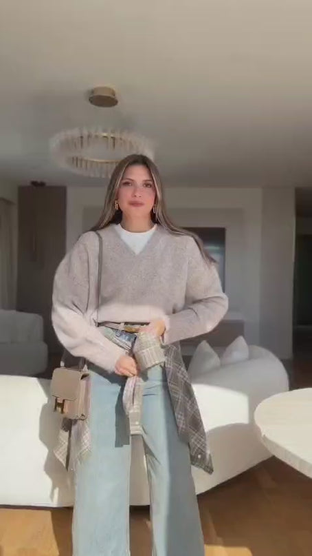 Dilvin V-Neck Fluffy Sweater - Mink