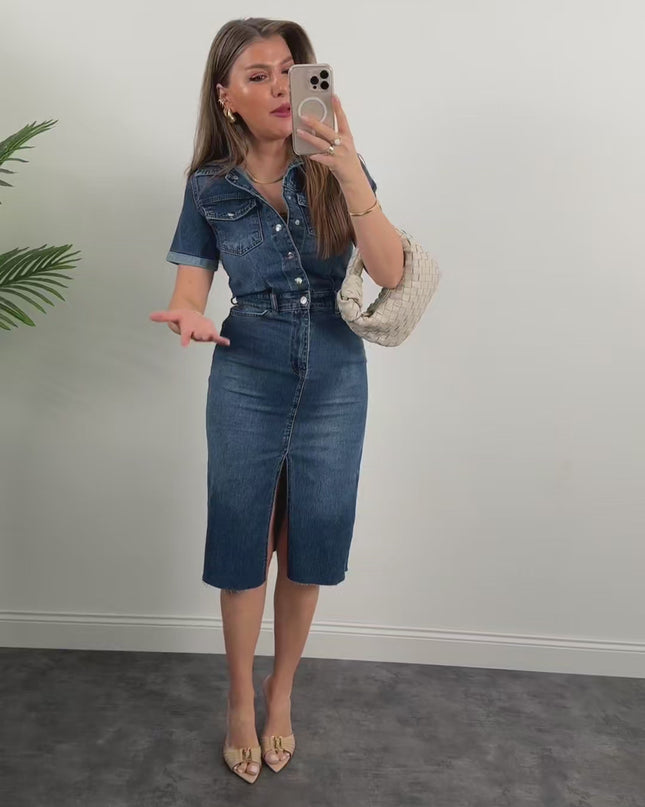 Premium Series Short Sleeve Midi Length Denim Dress