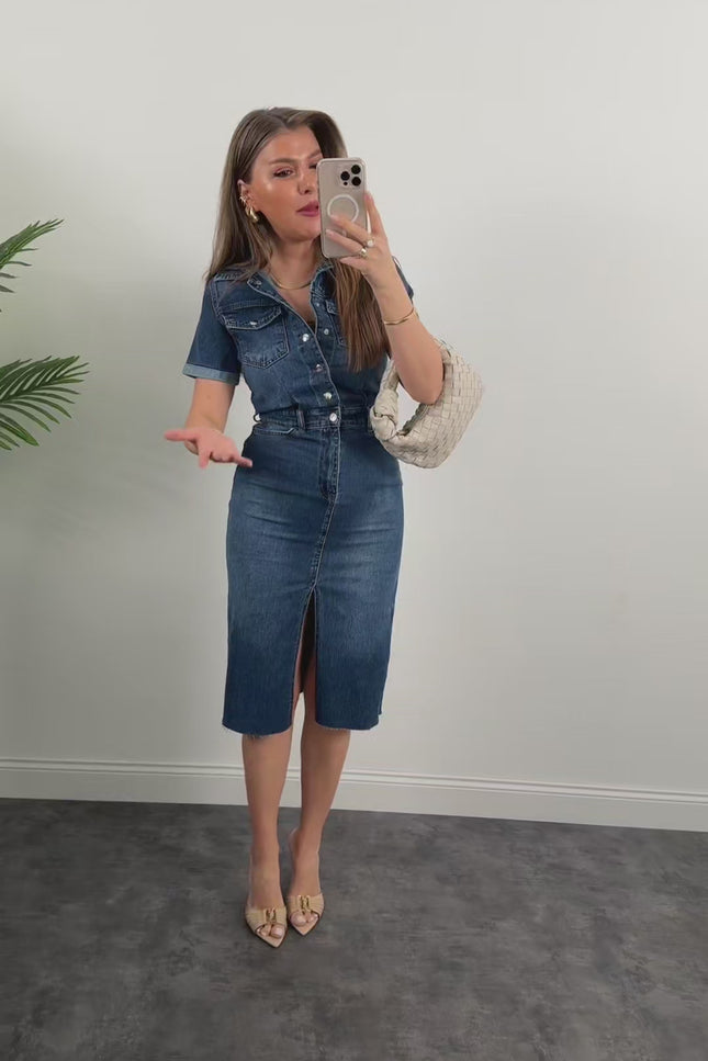 Premium Series Short Sleeve Midi Length Denim Dress