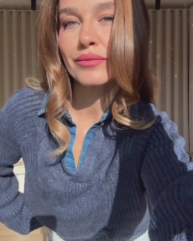 Knitted Sweater Denim Collar Detail -  Navy Blue