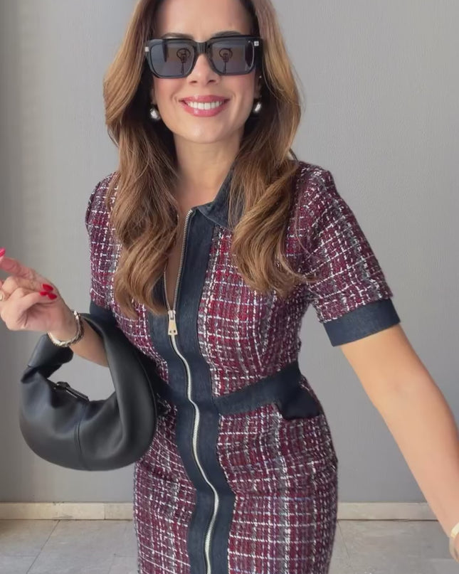 Vano Tweed Dress with Denim Detail - Burgundy