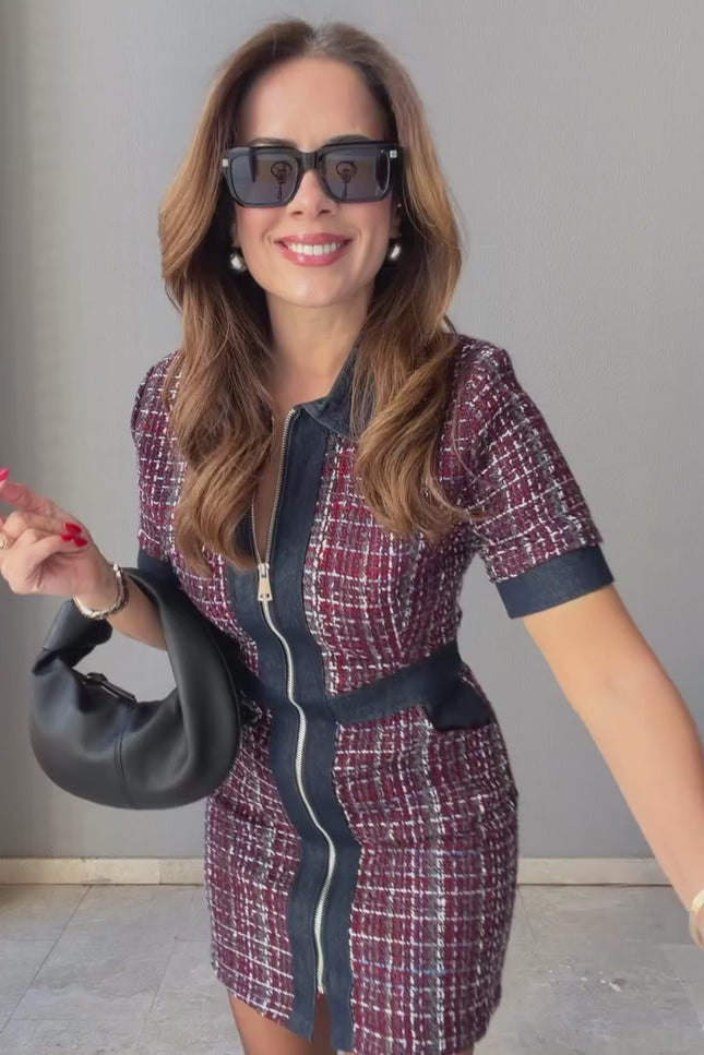 Vano Tweed Dress with Denim Detail - Burgundy