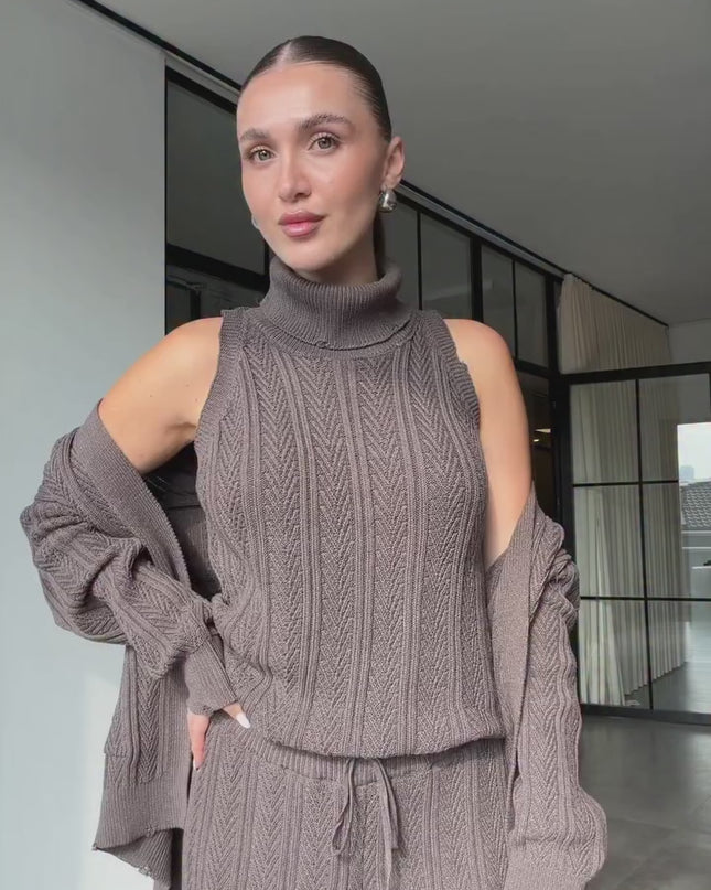 Chic Brown Three-Piece Knitwear Set