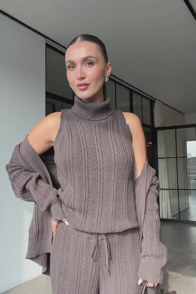 Chic Brown Three-Piece Knitwear Set