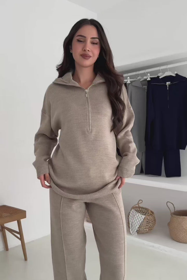 Mandy Knit Half-Zip Set -Beige