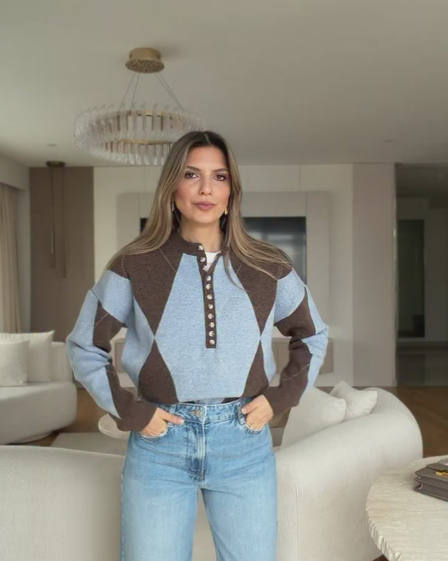 Elena Buttoned Pattern Sweater - Coffee Blue