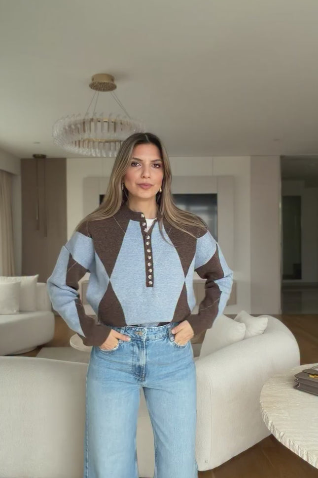 Elena Buttoned Pattern Sweater - Coffee Blue