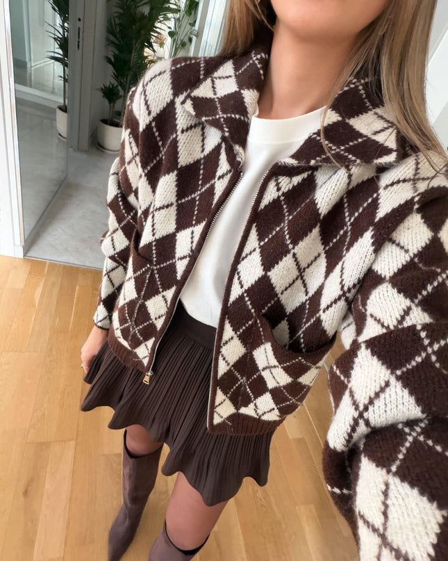 Shepra Patterned Zip-Up Cardigan - Coffee Cream