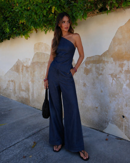 Zara Denim Set pants with One Shoulder Top