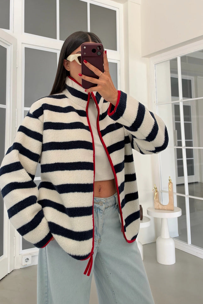 Navy Striped Red-Trim Polar Sweatshirt