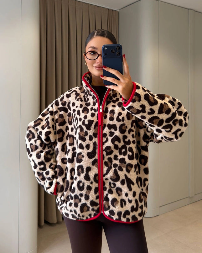 Premium Leopard-Print Zip Polar - Beige-Red