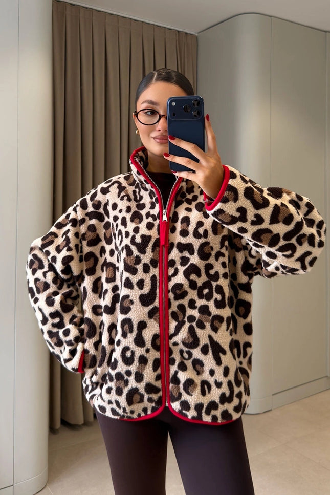 Premium Leopard-Print Zip Polar - Beige-Red