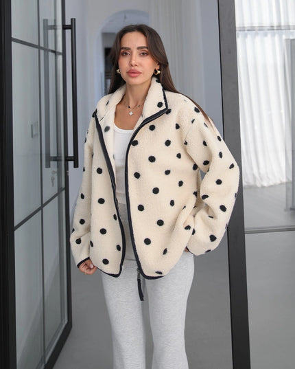 Presy Ecru Polka-Dot Teddy Zip Sweat