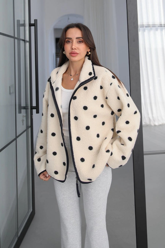Presy Ecru Polka-Dot Teddy Zip Sweat