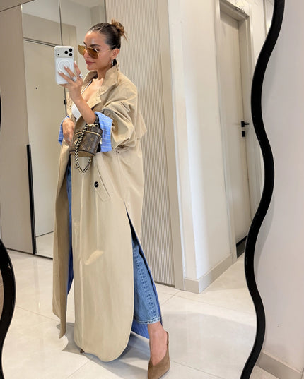 Hanger Camel Striped Lined Oversize Long Trench Coat