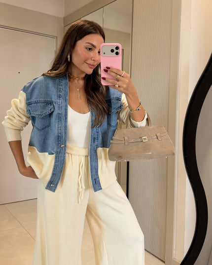 Brody Ecru Denim-Trim Knit Set