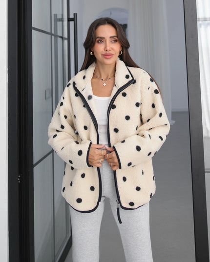 Presy Ecru Polka-Dot Teddy Zip Sweat